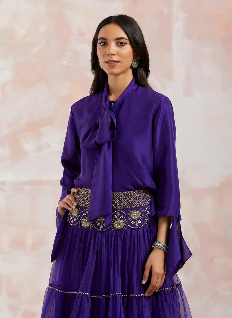 Purple Organza Shirt With Skirt
