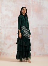 Green Shirt With Cross Stitch Embroidered Layered Skirt