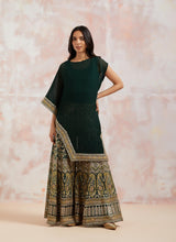 Bottle Green Asymmetric Crinkle Georgette Cape With Sharara