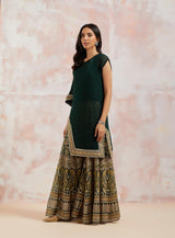 Bottle Green Asymmetric Crinkle Georgette Cape With Sharara