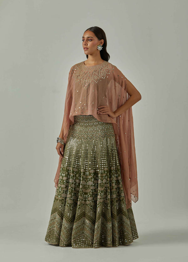 Pale Pink, Olive Green Cape With Skirt