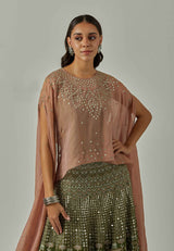 Pale Pink, Olive Green Cape With Skirt