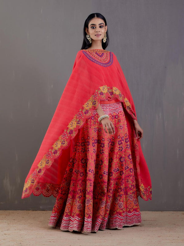 Ferrari Red Crinkle Georgette Cape With Dress