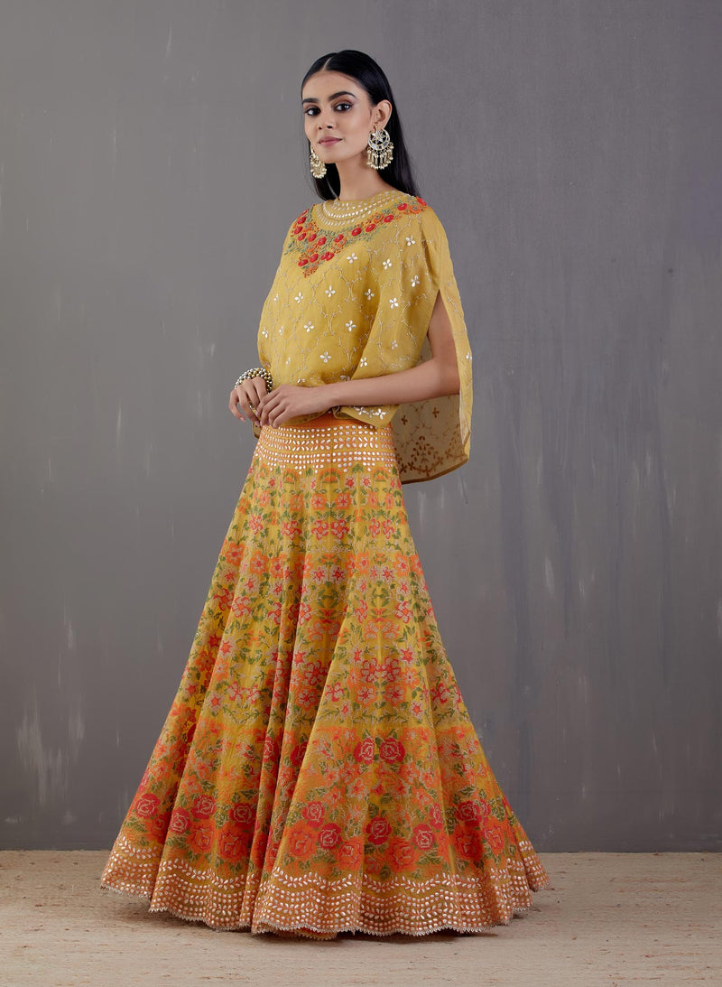 Gold Yellow Hand Embroidered Organza Silk Cape With Skirt