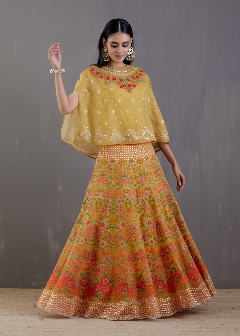 Gold Yellow Hand Embroidered Organza Silk Cape With Skirt
