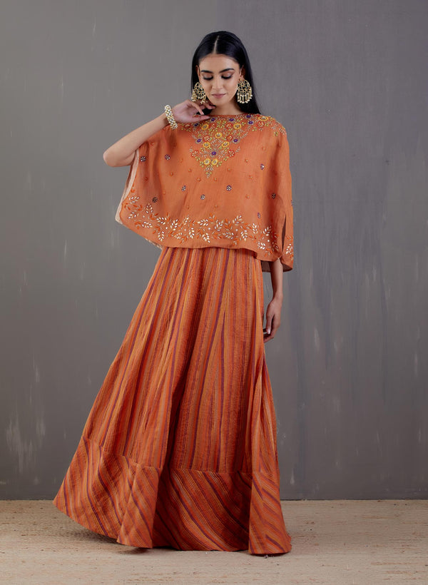 Burnt Orange Hand Embroidered Chanderi Cape With Skirt
