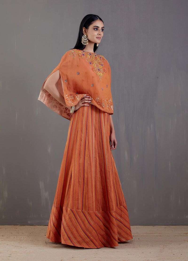 Burnt Orange Hand Embroidered Chanderi Cape With Skirt