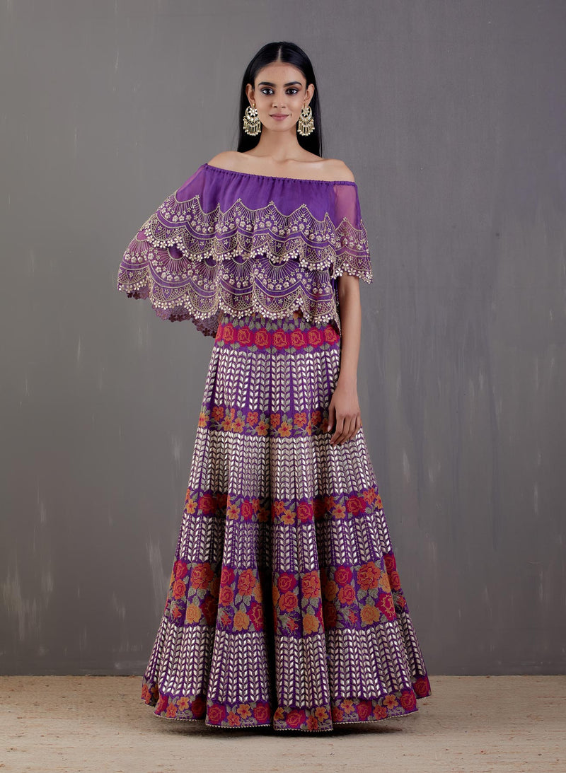 Off Shoulder Purple Organza Silk Cape With Skirt