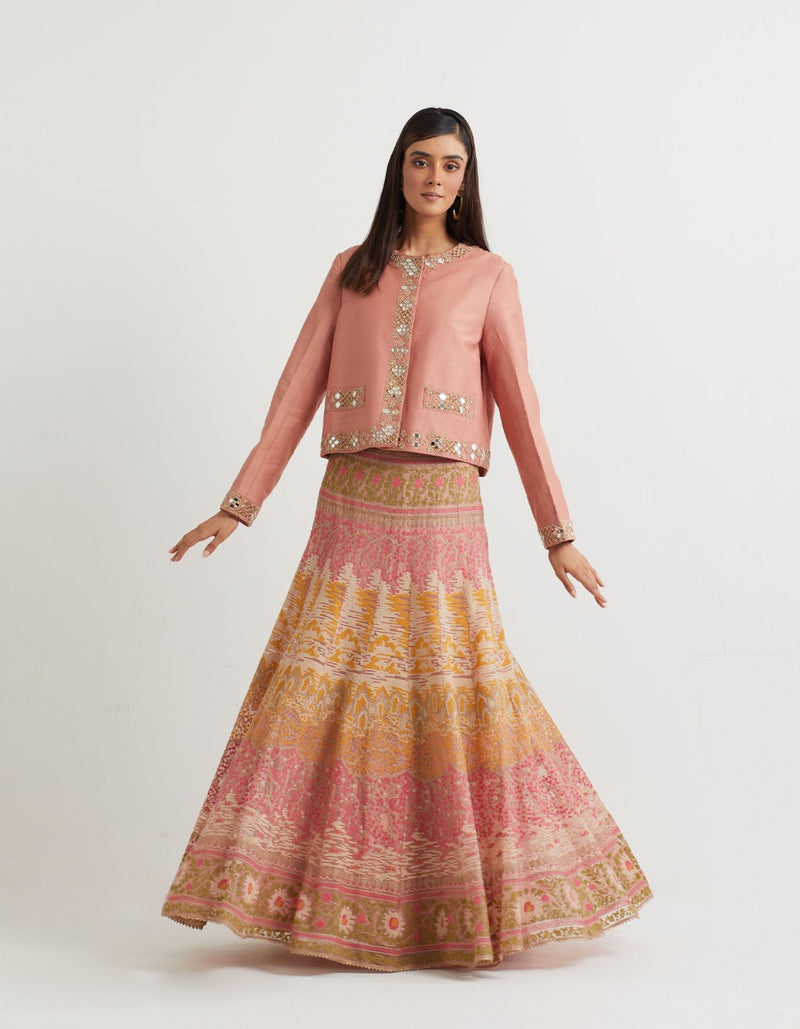 Powder Pink Sheesha Embroidery Jacket with a Skirt Set