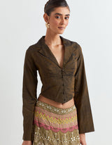 Brown Corset Crop Jacket With Skirt
