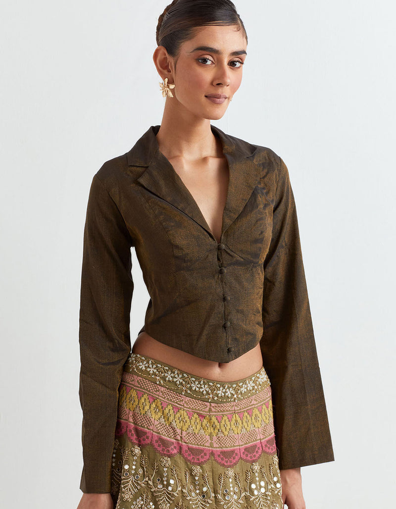 Brown Corset Crop Jacket With Skirt