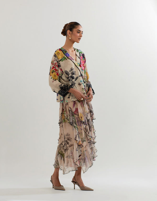 Multi Coloured Botanical Wrap Blouse With a Skirt