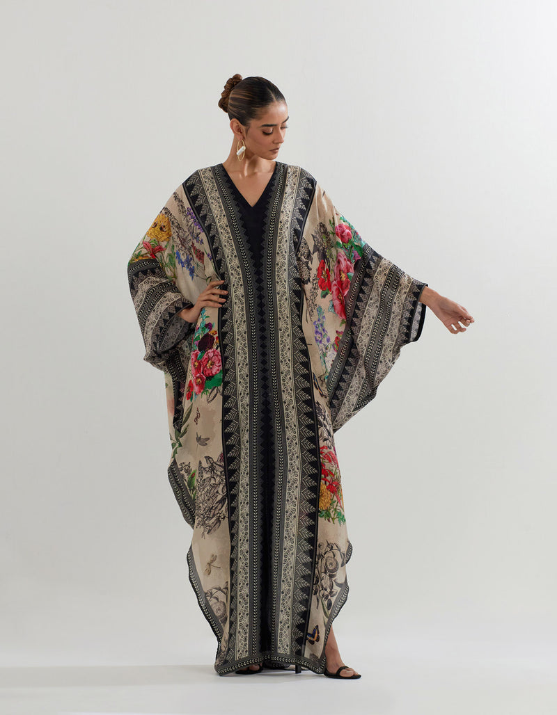 Black with Multi Coloured Botanical Printed Kaftan