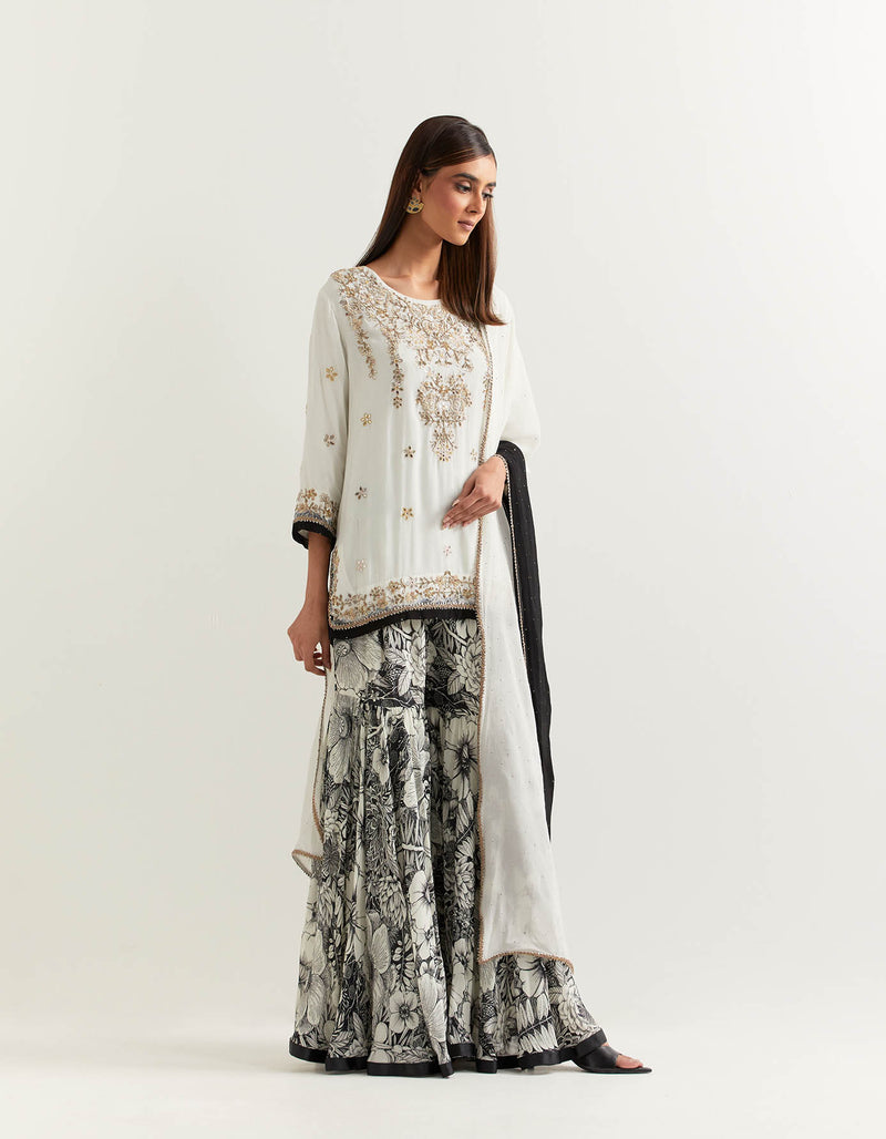 Black and White Sharara Set In Crepe and Georgette