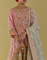 Sand And Salmon Pink Organza High Low Tunic Set