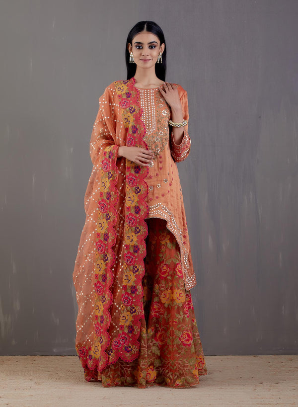 Orange Silk Tissue With Hand Embroidered Kurta Set