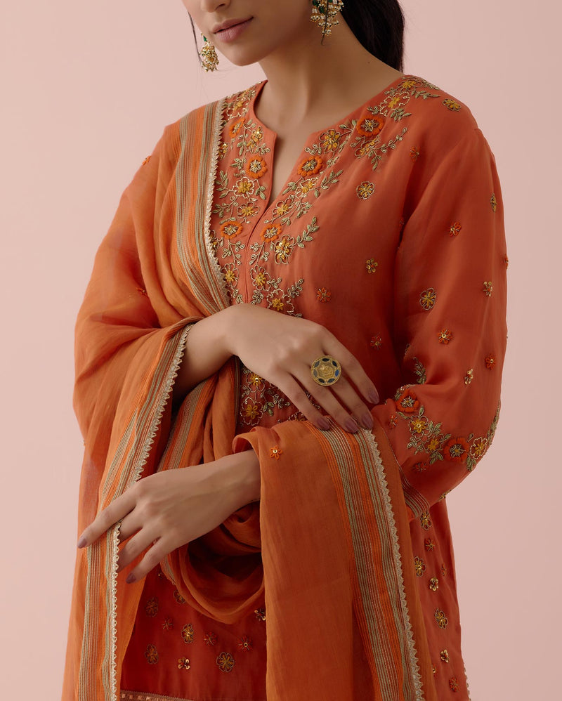 Burnt Orange Tissue Chanderi Kurta With Sharara Set