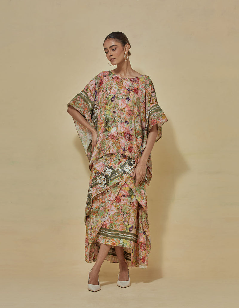 Printed Kaftan Top Paired Draped Printed Skirt