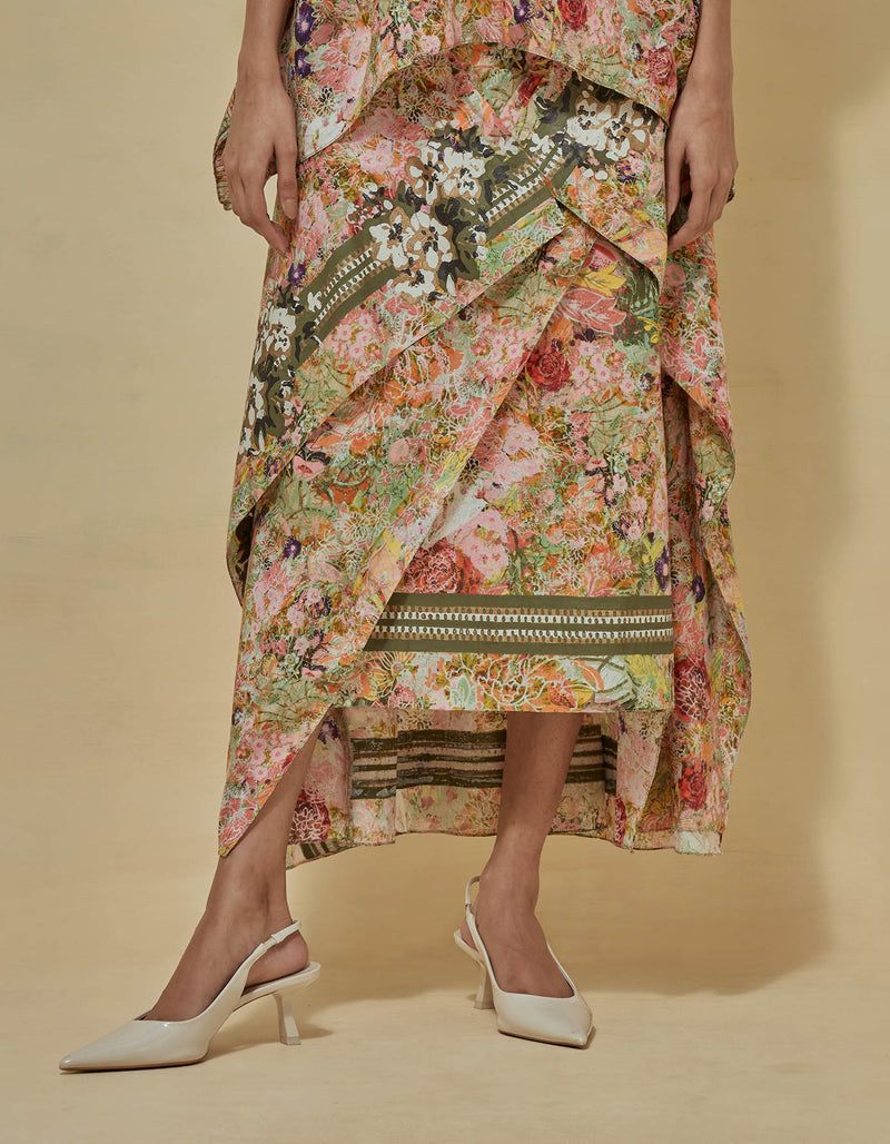 Printed Kaftan Top Paired Draped Printed Skirt