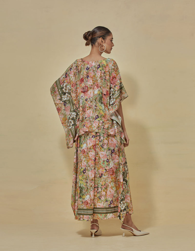 Printed Kaftan Top Paired Draped Printed Skirt