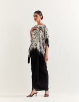 Black and White Poncho With a Black Drape Skirt In Georgette