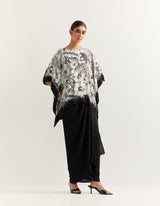 Black and White Poncho With a Black Drape Skirt In Georgette