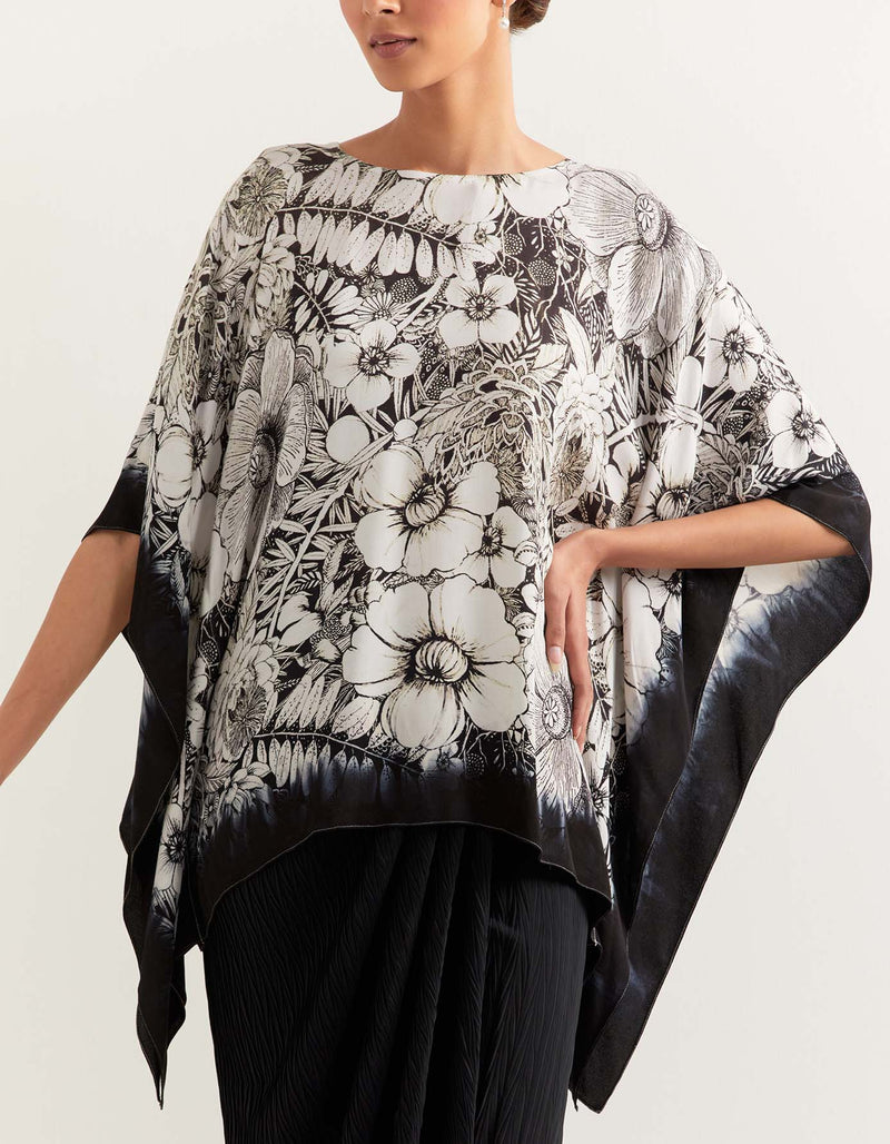 Black and White Poncho With a Black Drape Skirt In Georgette