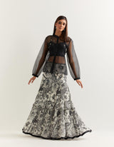 Black Top With Black and White Skirt In Organza and Georgette
