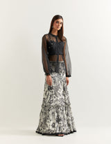 Black Top With Black and White Skirt In Organza and Georgette