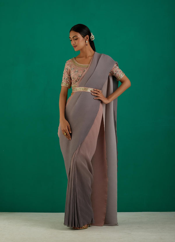 Grey Shaded Pre Stitched Crinkle Georgette Saree Set