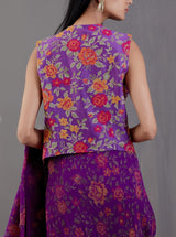 Purple Printed Crinkle Georgette Saree With Jacket