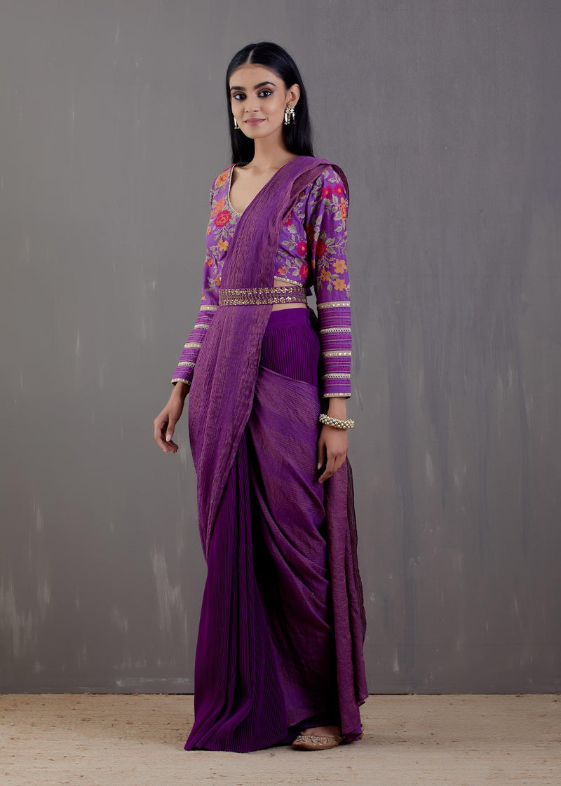 Purple Cotton Silk Saree With Embroidered Blouse