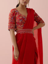 Red Georgette Pre Stitched Saree With Embroidered Blouse