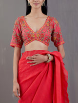 Red Crinkle Georgette Pre-Stiched Saree With Blouse