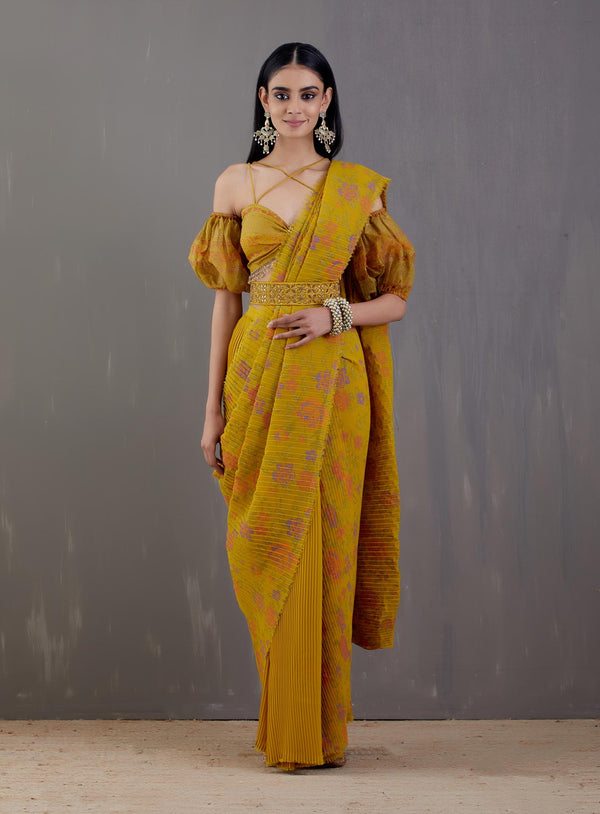 Yellow Pre-Stitched Printed Crinkle Saree With Blouse