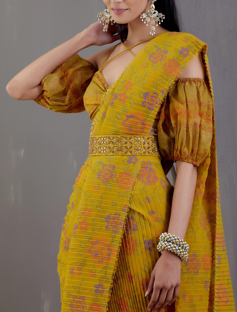 Yellow Pre-Stitched Printed Crinkle Saree With Blouse