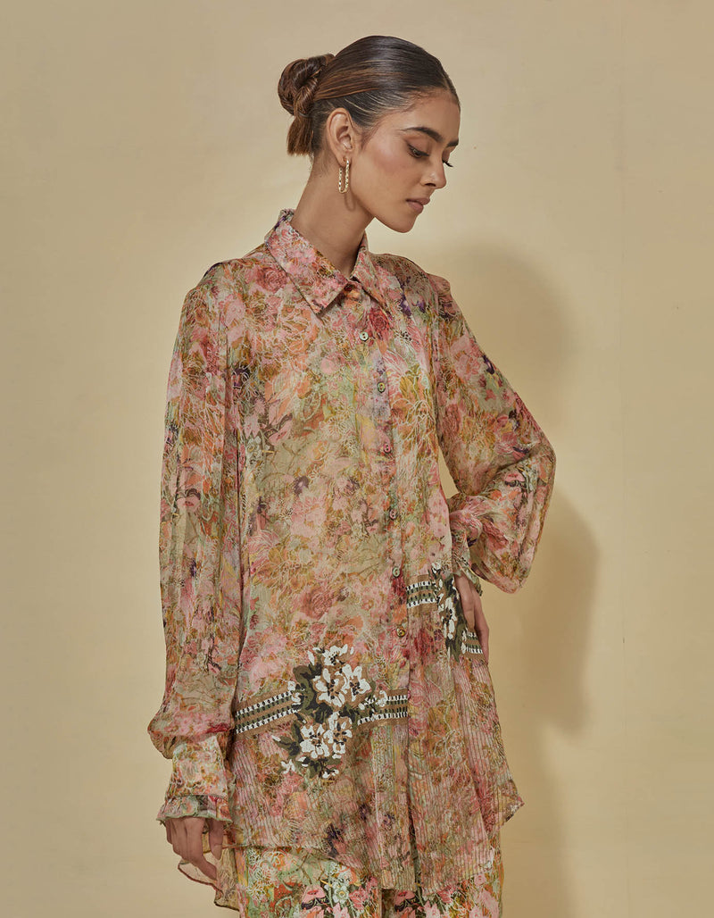 Chiffon Printed Shirt Paired With Flaired Printed Pants