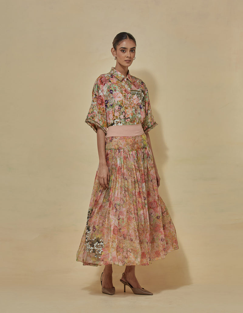 Printed Shirt Paired With Organza Printed Skirt