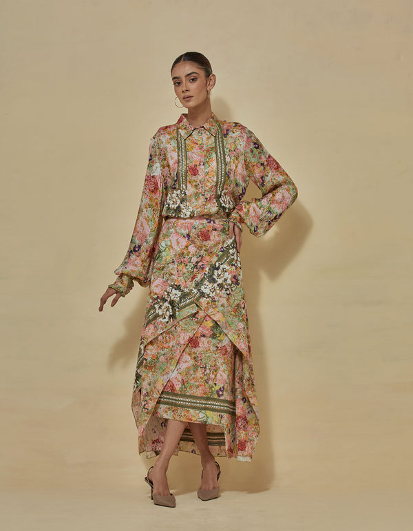 Printed Satin Shirt Paired With Draped Printed Skirt