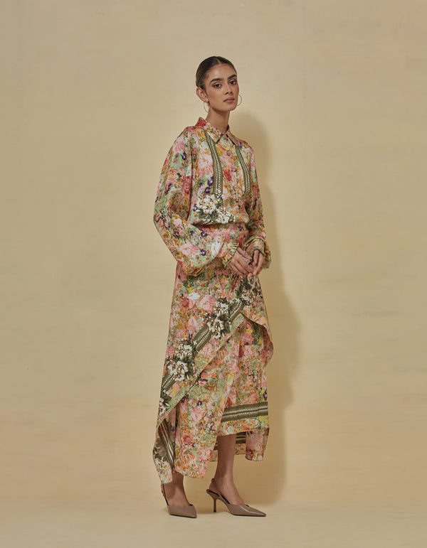 Printed Satin Shirt Paired With Draped Printed Skirt