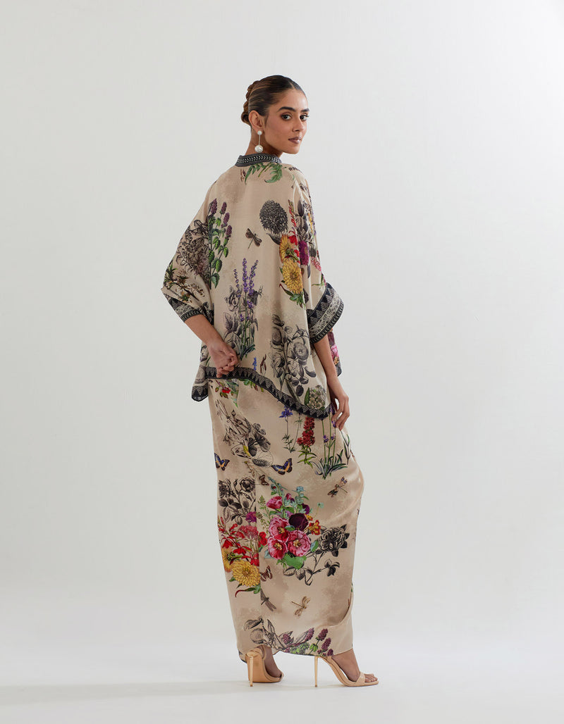 Multi Coloured Botanical Printed Kaftaan Top With a Skirt