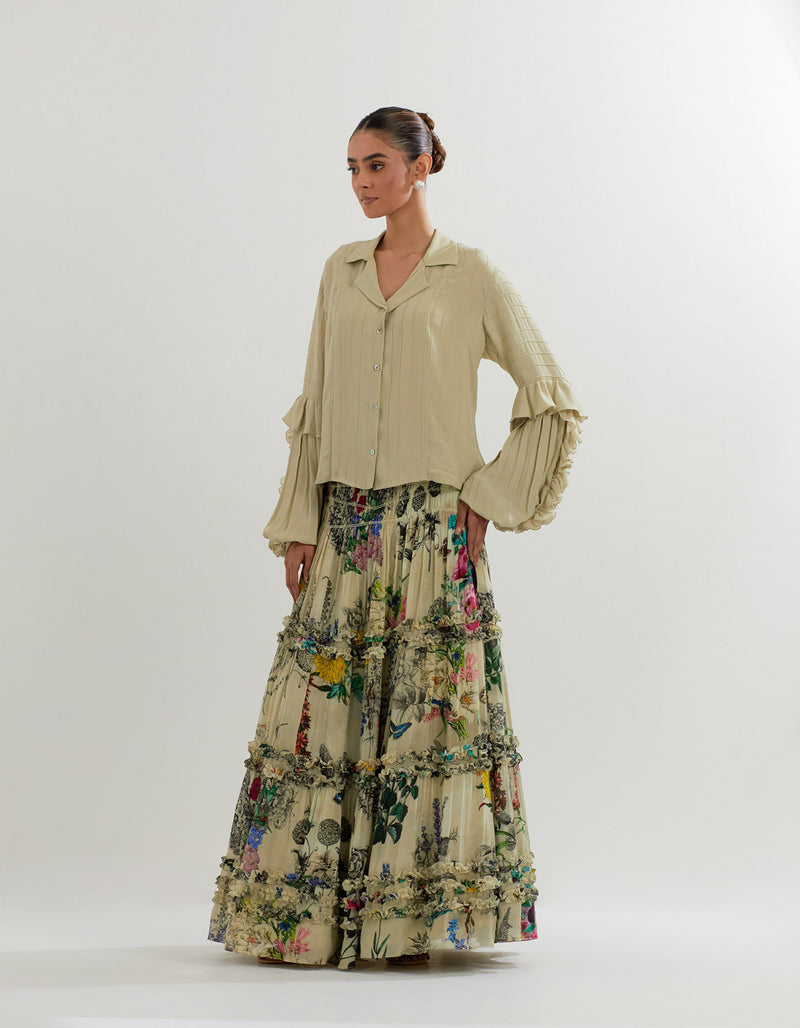 Multi Coloured Botanical Printed Skirt With Ruffle Shirt