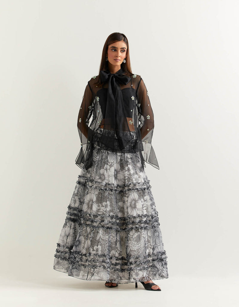 Black Shirt With a Black and White Skirt In Organza with Georgette