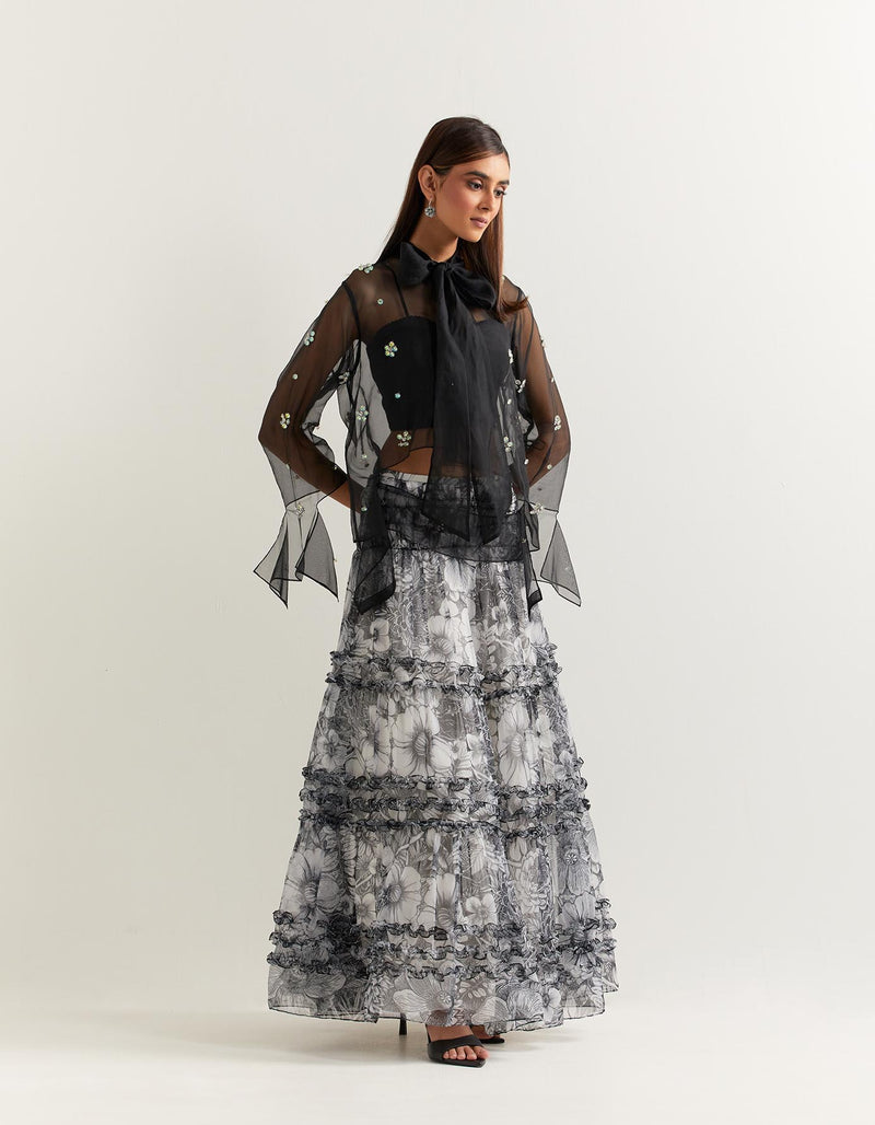 Black Shirt With a Black and White Skirt In Organza with Georgette