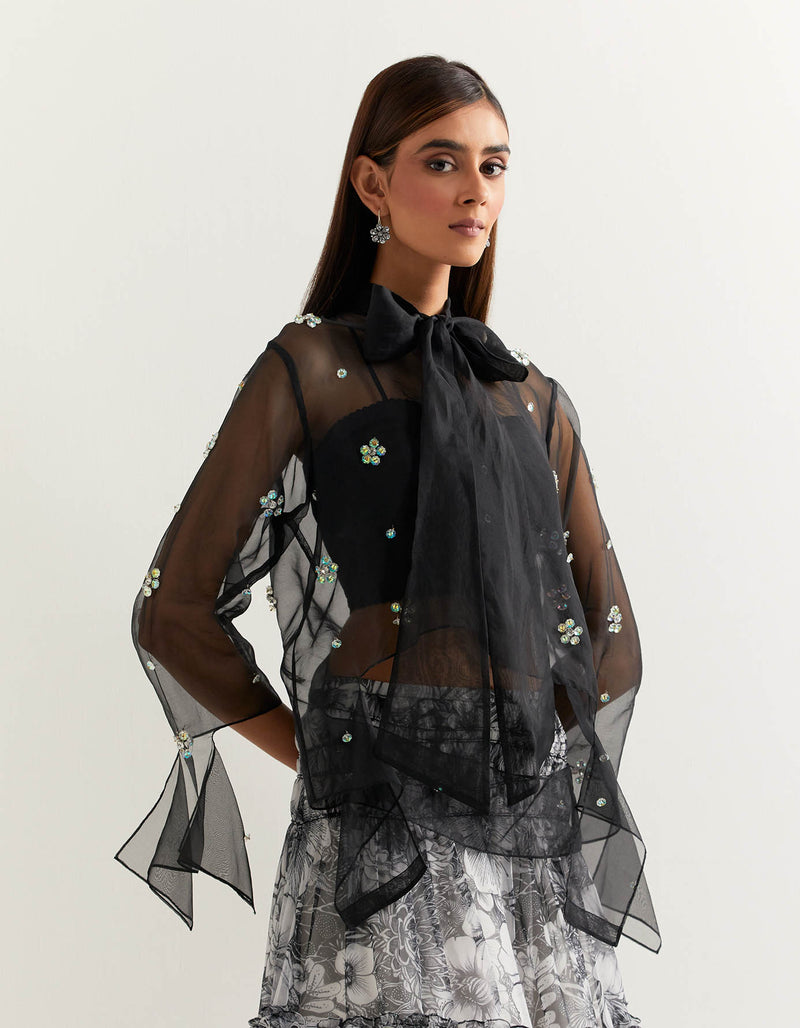 Black Shirt With a Black and White Skirt In Organza with Georgette