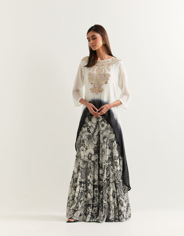 Black and White Hi Low top With a Gharara In Georgette