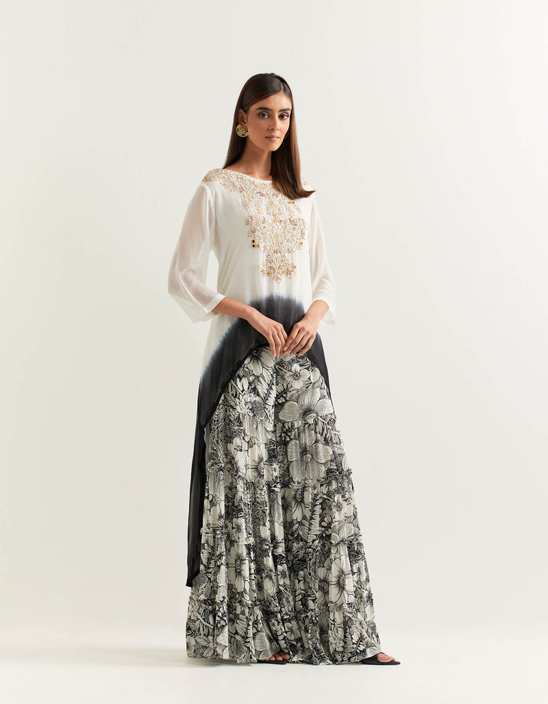 Black and White Hi Low top With a Gharara In Georgette