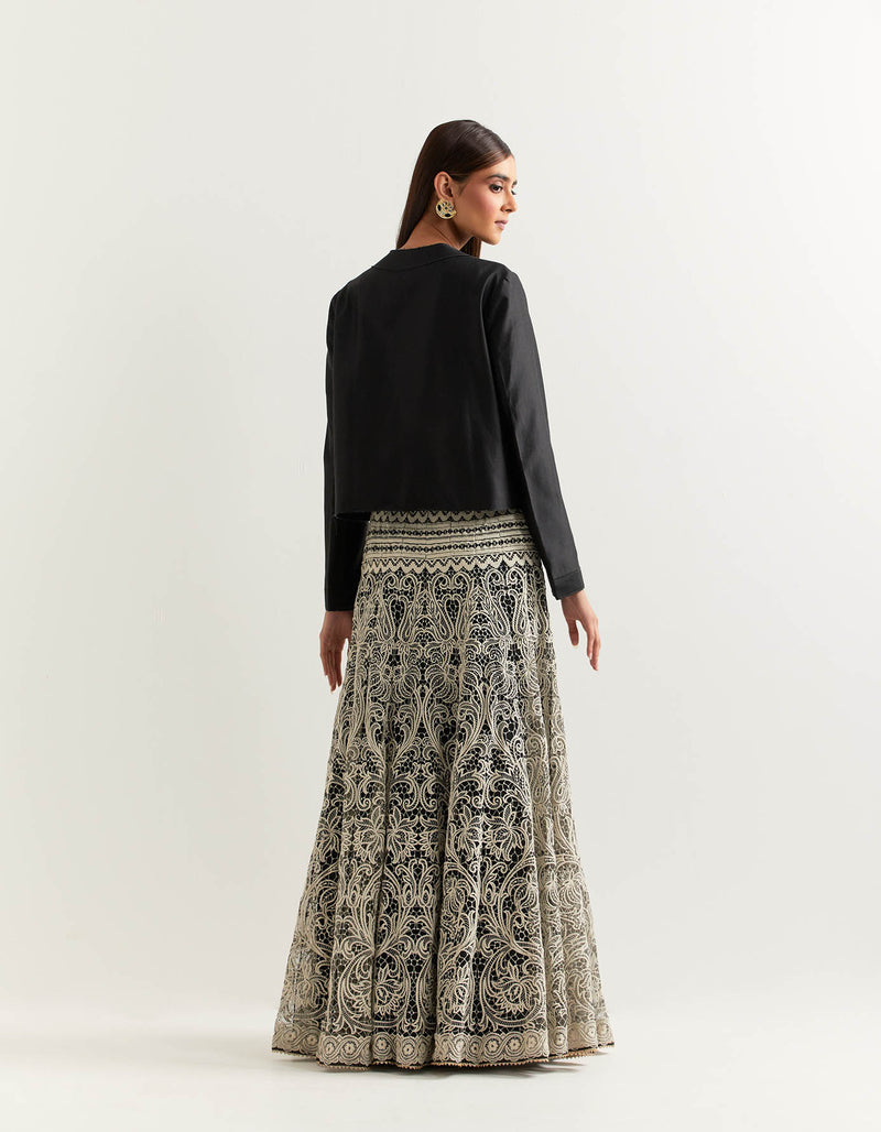 Black Top With Black and White Skirt In Chanderi and Net