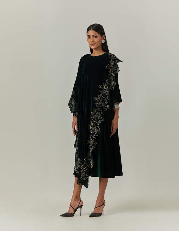 Bottle Green Velvet Dress Paired With a Printed Cape