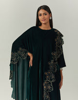 Bottle Green Velvet Dress Paired With a Printed Cape